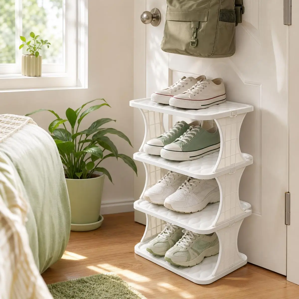 4-Layer Vertical Detachable Stackable Plastic Shoe Storage Rack, Lightweight Small Easy-Assembly Organizer Cabinet, Space-Saving Home Organizer for Entryway, Closet