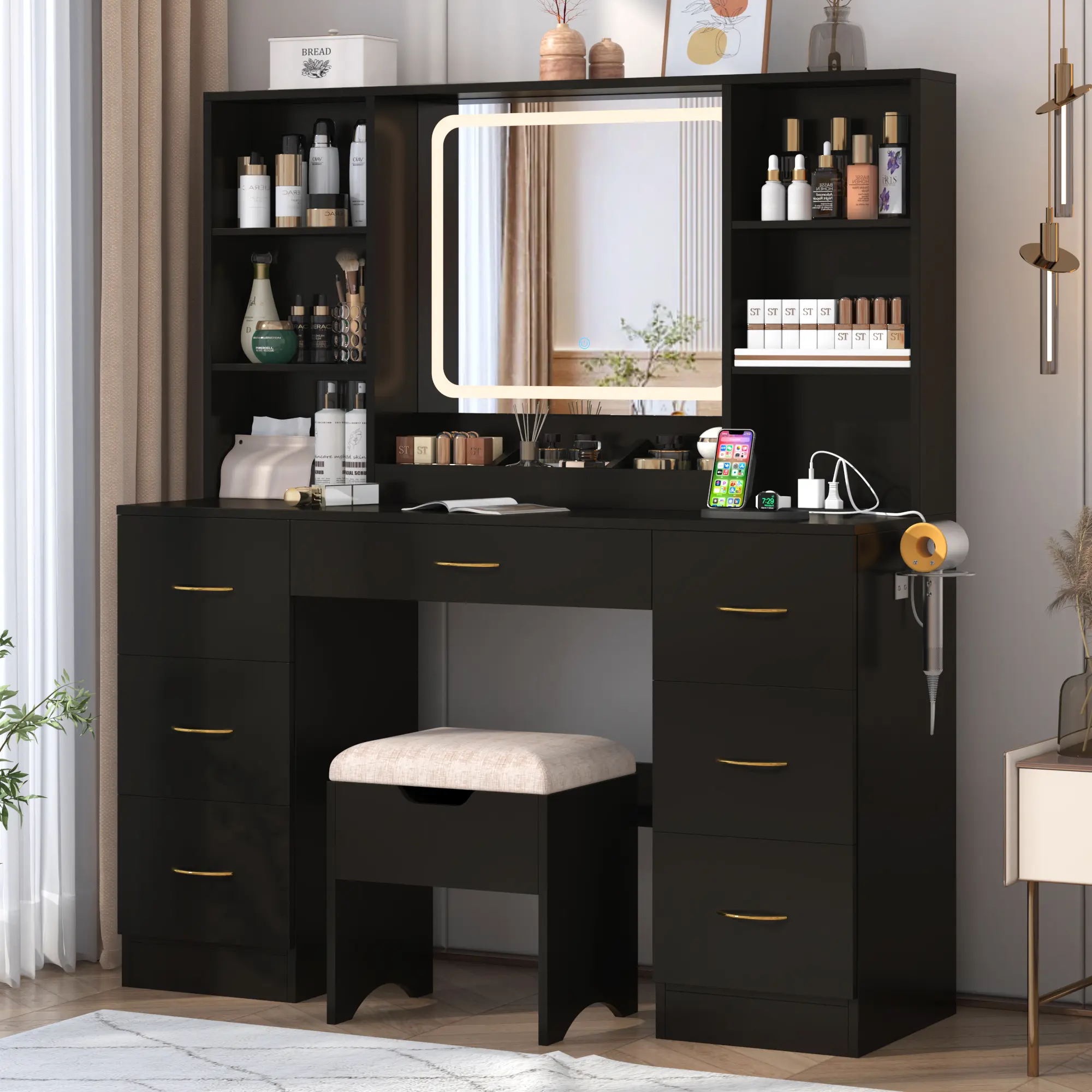 Women's 47in LED Makeup Vanity Desk with Mirror, Lights and Stool - Modern Vanity Set with Chair, 3 Lighting Modes for Indoor Furniture Use