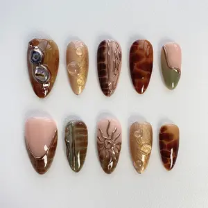 Amber Press On Nails Short Almond Nails/Brown Nails/Fritillaria Shell Nails/Dark Green Nails/Sun Nails/Fake Nails/Birthday Holiday Nails