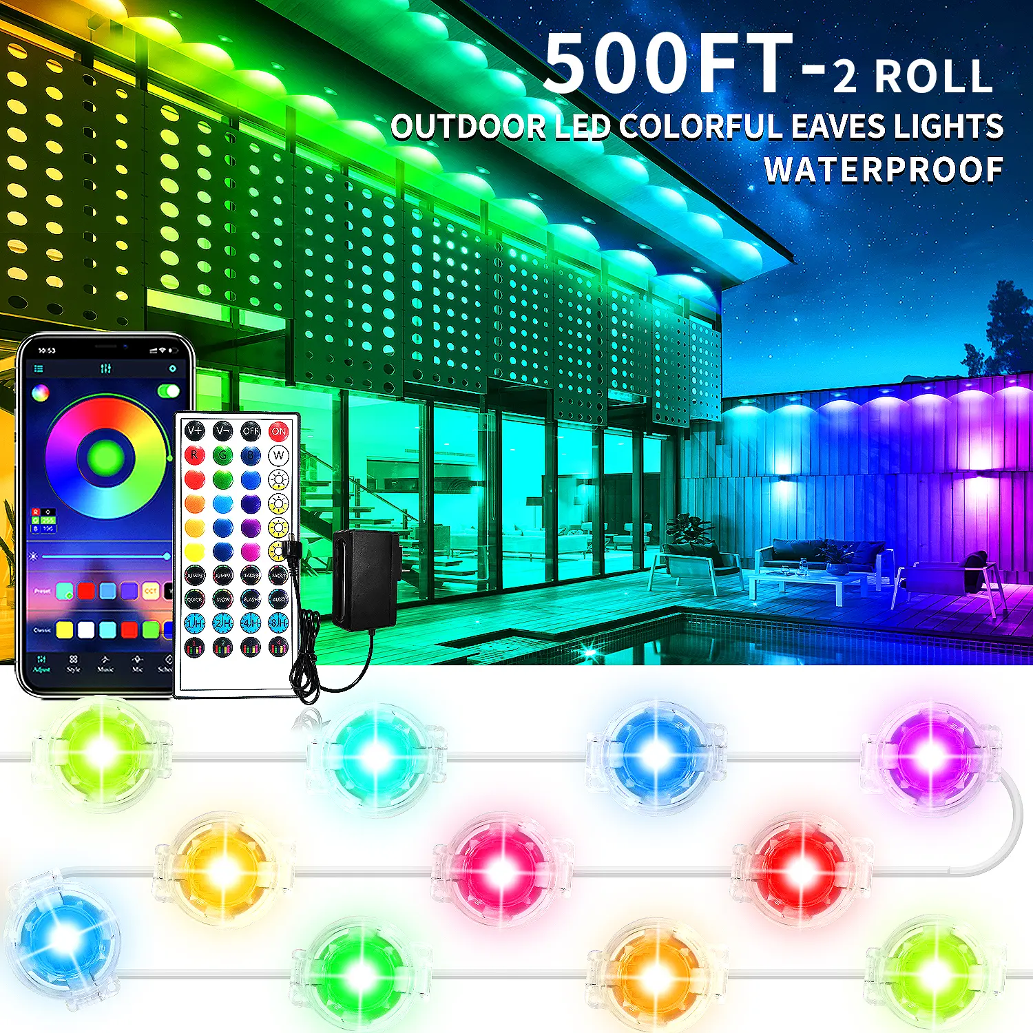 500FT Permanent Outdoor Lights House Outside Permanent Christmas Lights, App/Remote Control IP67 Waterproof Permanent led Lighting for house roof decor ，Christmas, Daily & Holiday Party Decor