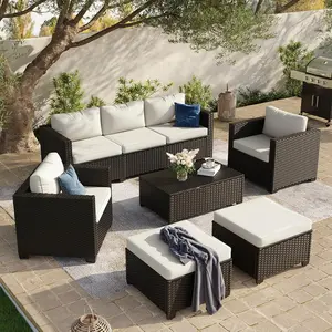 Aoxun 8 Piece Outdoor Patio Furniture Set 7 Seats, Outdoor Sectional with Thick Waterproof Cushions, Patio Conversation Sets for Garden,Backyard, Porch, Balcony, Deck, Black & Beige