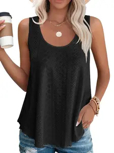 Women's Sleeveless Tank Top, Eyelet Embroidery Scoop Neck, Loose Fit Casual Summer Wear, Flowy Design for Comfortable Style