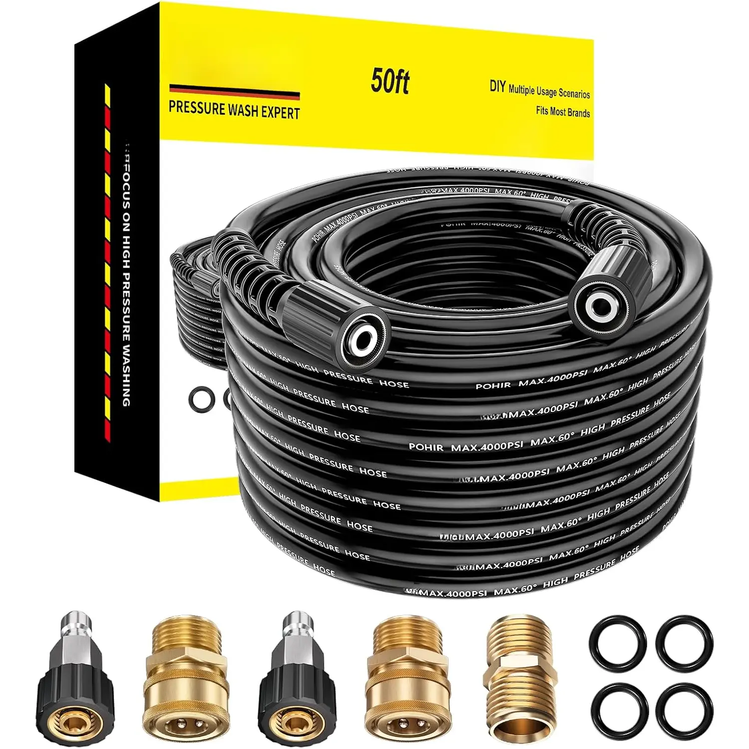 50ft  Washer Hose with M22 14 Fitting, 1/4 inch Kink Resistant Replacement Hose 4000 PSI, Electric Power Washing Hose with M22 to 3/8 Quick Connect Set