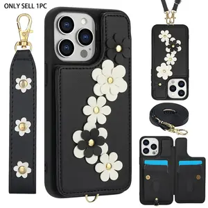 Floral crossbody flip leather card insertion wallet anti drop Protective phone case, Custom Fit Covers, suitable for iPhone 11, 12, 13, 14, 15 Plus 16, 17 Pro Max Plus Air women's business multi card protection accessories