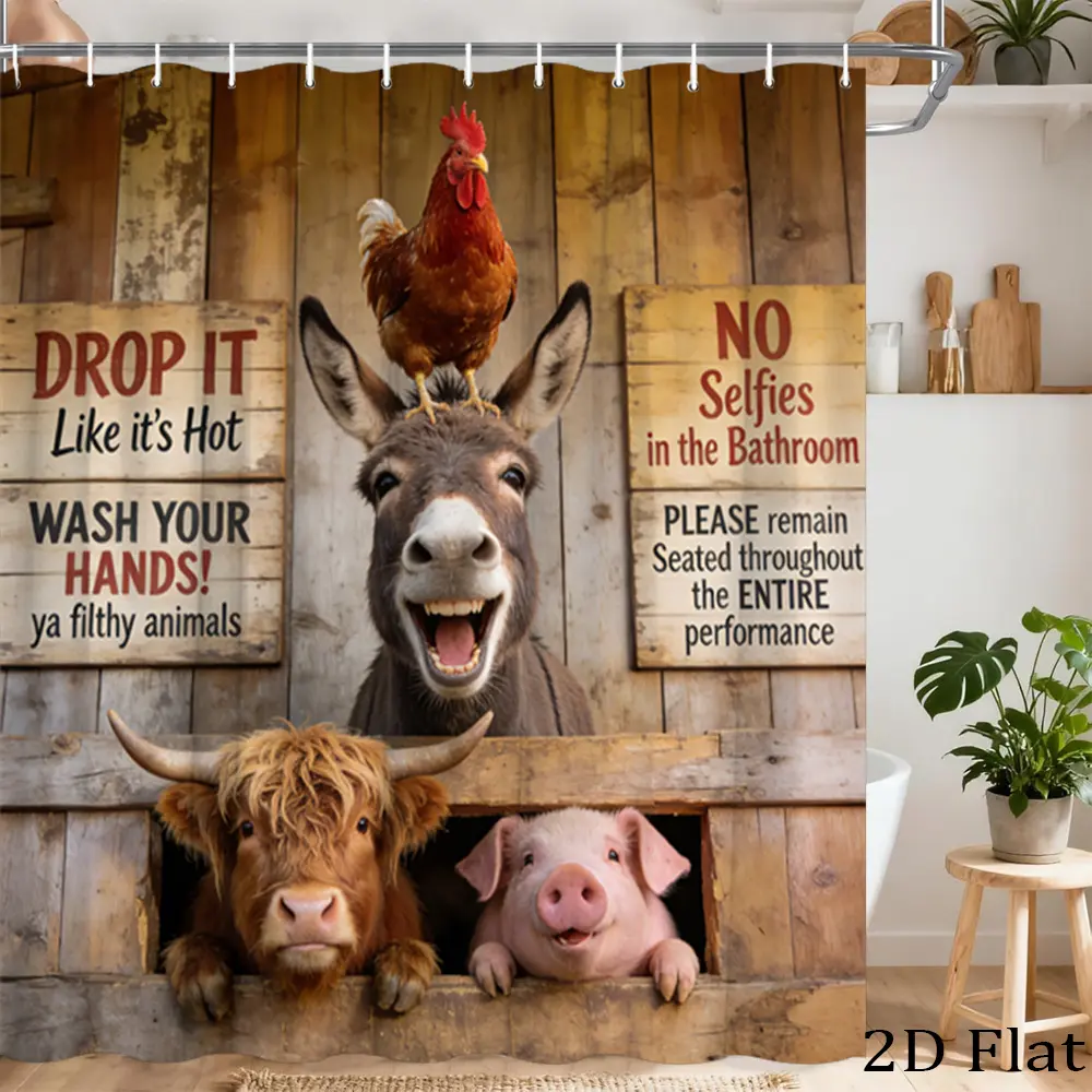 [Back to School] Funny Farmyard Animals Shower Curtain - Donkey, Chicken, Cow, Pig Designs, Birthday-Friendly Bathroom Decor, Bathtub Cover with Hooks, Water-Washable, Farmyard Animals Add Charm Character Curtains, Shower Curtains, Animal Character Shower
