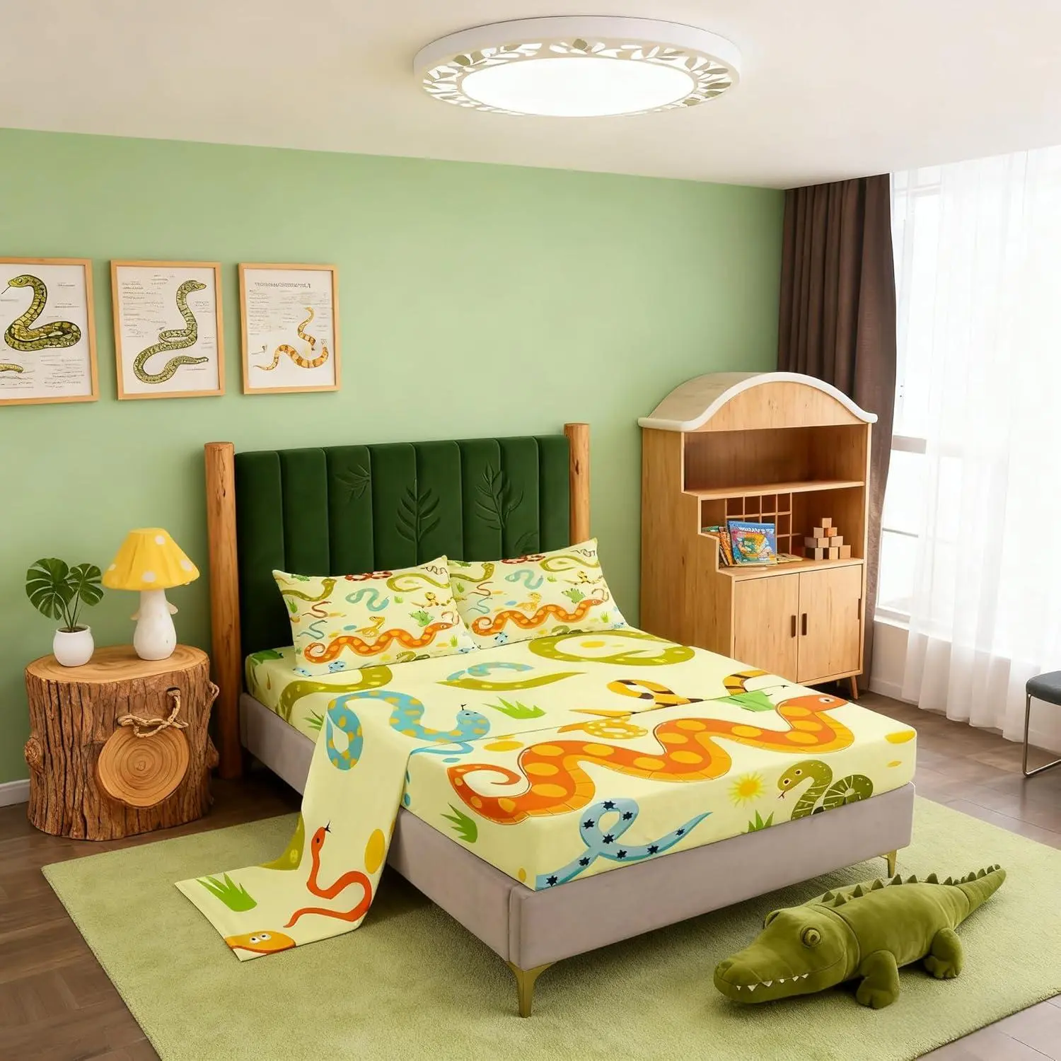 Snake Fitted Sheet,Cartoon Snake Print Bed Sheet Set,for Kids Teens Adults,Wildlife Animal Top Flat Sheet  ,Light Yellow Bedding Set,Bedroom Decor Soft
