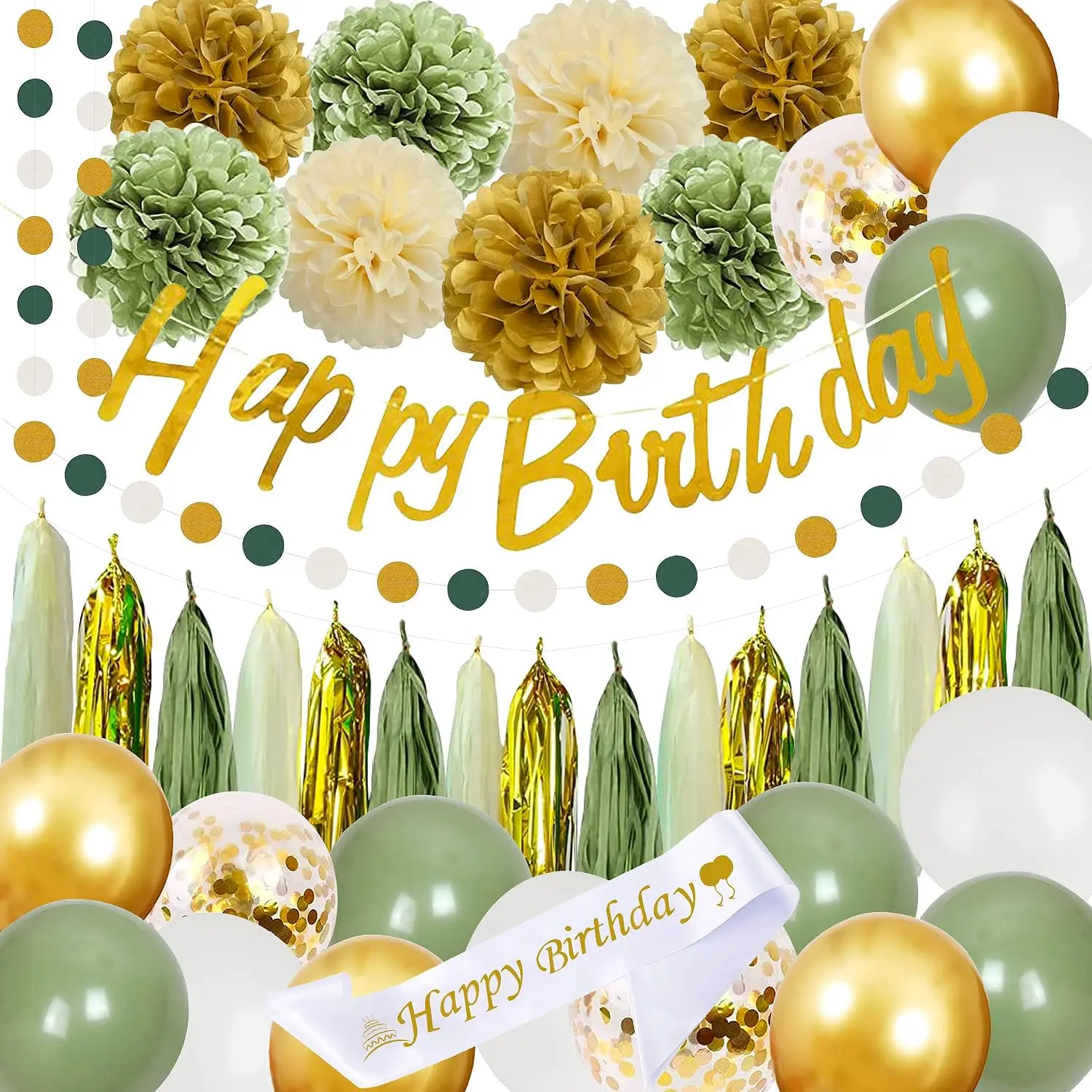 Sage Green Birthday Party Decorations with Happy Birthday Banner, Fringe Curtain,Circle Dots Garland,Tissue Pompoms,Paper Tassels Garland for Girls Women for Party Decor (sage green)