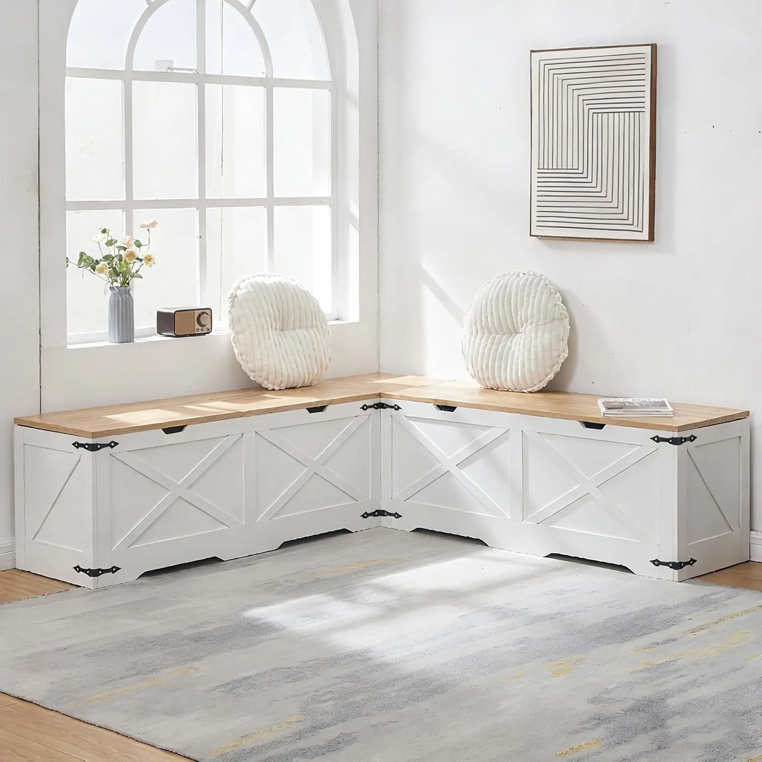 L Shape Storage Bench, Backless Farmhouse Kitchen Breakfast Nook Bench, Corner Bench with Storage for Dining Room, Entryway, Cloakroom