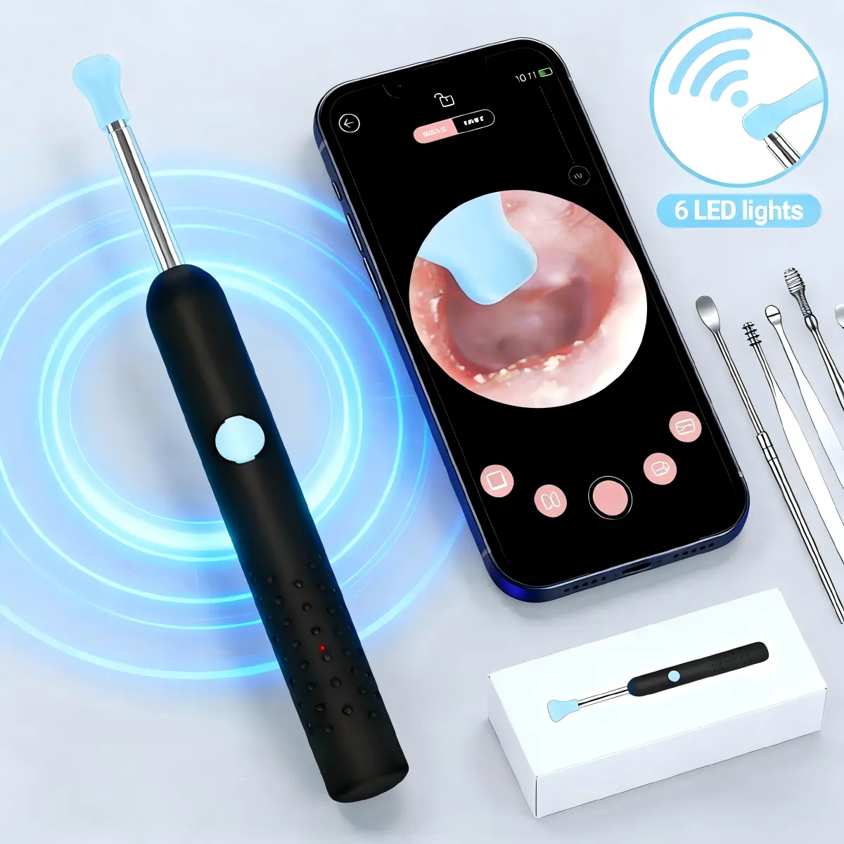 Professional Earwax Remover Endoscope Set,  Ear Cleaning Kit with 6 LED Earpick Flashlights, 6 Silicone Heads, Stainless Steel Tools, Waterproof Design, Bluetooth WiFi Visual Ear Spoon, Earpick Flashlight Ear Irrigation Kit Ear Irrigation System