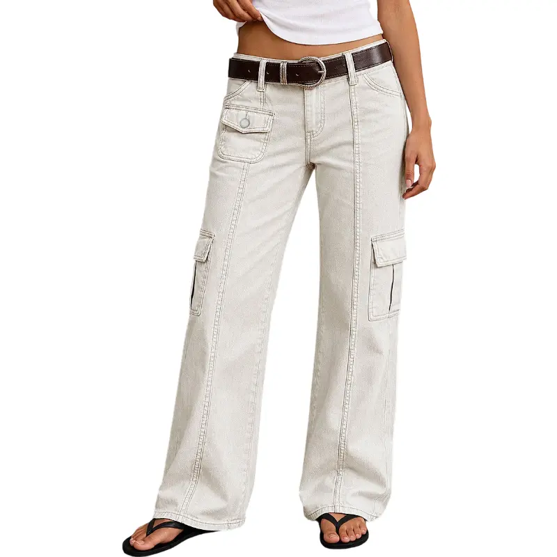 Flamingals Solid Flap Pocket Seam Front Mid Rise Wide Leg Pants Without Belt Stretchy 30.1'' Inseam