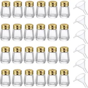 24 count Cube Shape Mini Salt and Pepper Shakers Bulk 0.5 oz Small Cube Glass  Shaker with Plastic Mini Funnels for Wedding Kitchen Restaurant Travel Camp Party (Golden)