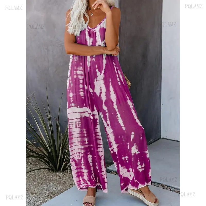 Women's Vintage 70s Bohemian Sleeveless Tie-Dye Spaghetti Strap V-Neck Loose-Fit Cami Overalls - Bohemian Style, Boho Chic, Colorful Print, Multi-Size Casual Spring Summer Clothes, 70S Bohemian Overalls, Bohemian Style Overalls
