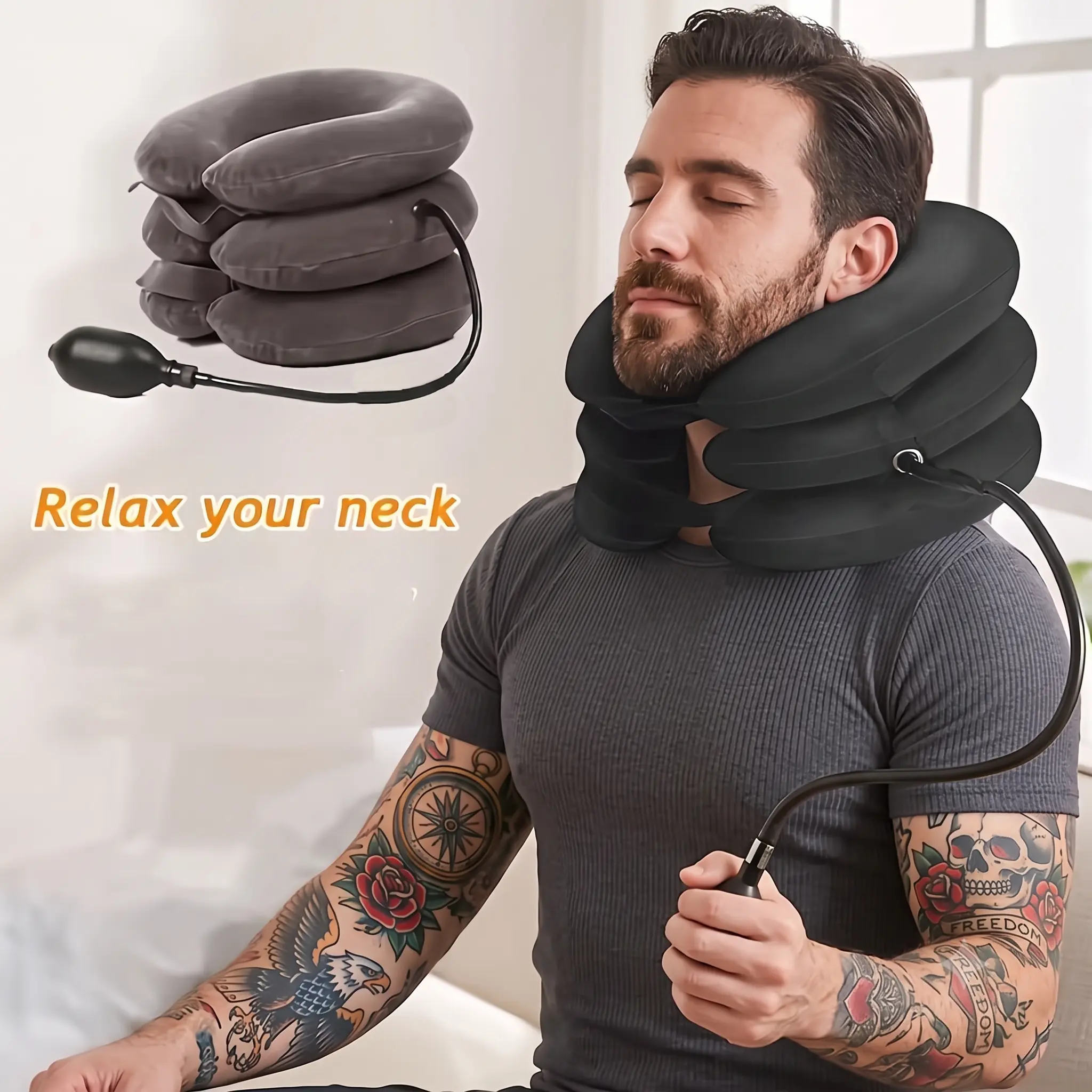 Inflatable Neck Brace Pillow Cervical Neck Traction Device,Adjustable Cervical Traction Device, Three-Layer Cervical Traction Instrument, Cervical Traction Instrument, Neck And Posture
