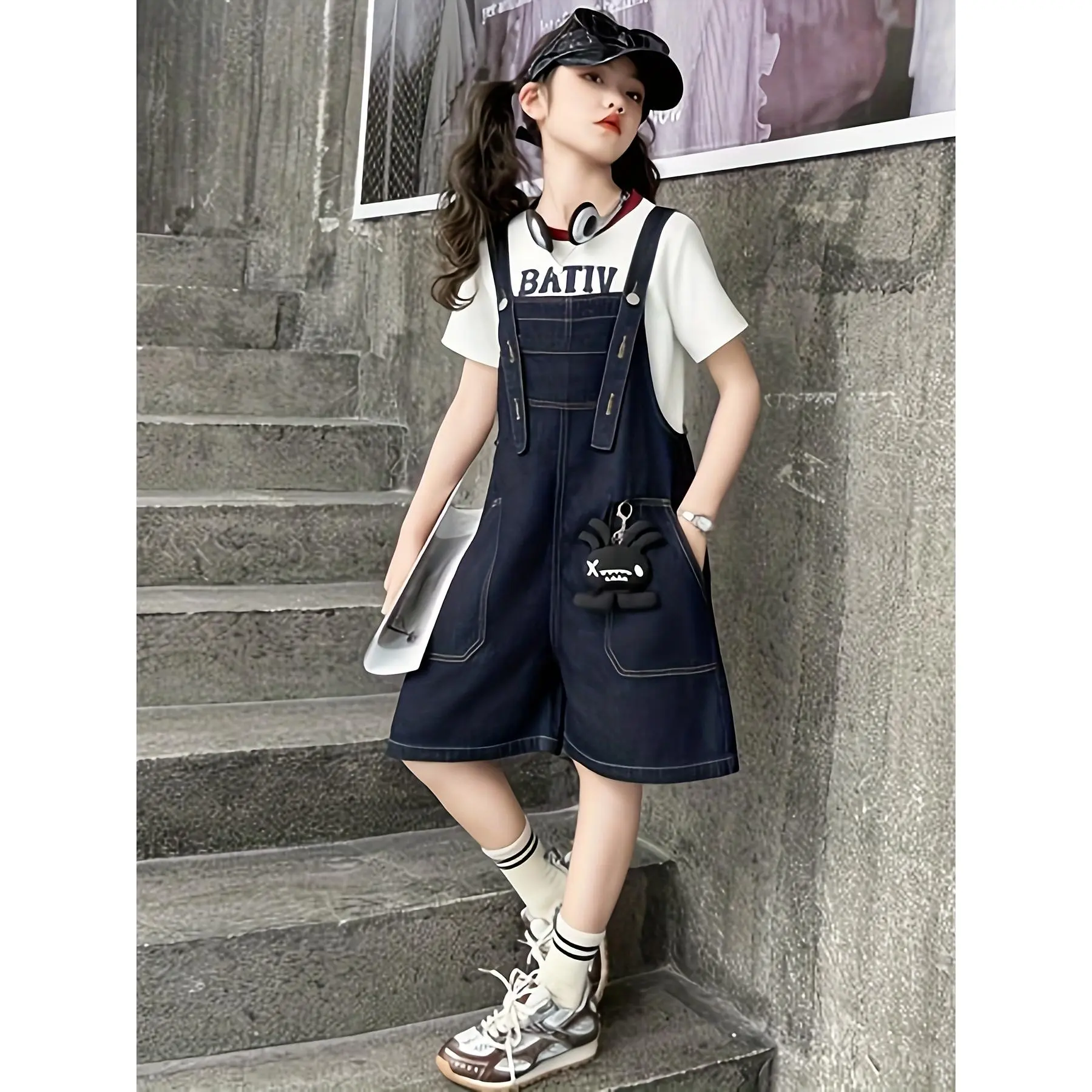 Girls' Short Overalls, Sweet Solid Color Bib Front Romper, Summer 1-Piece Jumpsuit for Kids' Casual Wear, Cute, 11-12Y, Clothes, Casual Leisure, Cartoon Print, Polyester Fiber, 9-10Y
