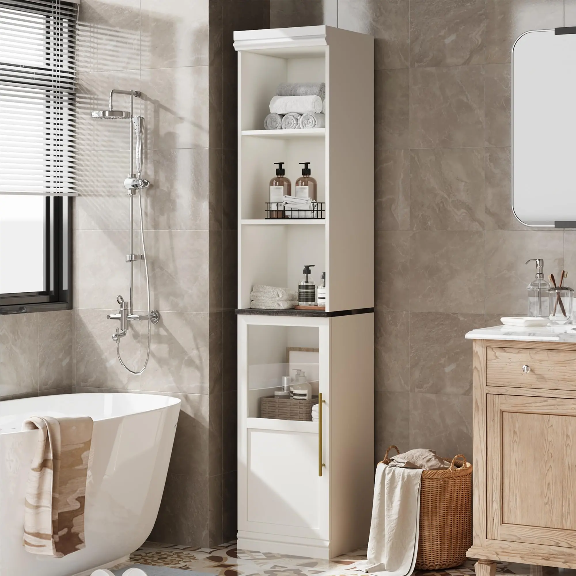 GARVEE Tall Bathroom Cabinet, Freestanding Bathroom Storage Cabinets with Glass Door and Open Shelves, 70" Narrow Storage Cabinet for Bathroom, Living Room, Kitchen
