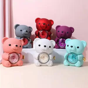 Valentine's Day Gift, Hugging Bear Eternal Flower Jewelry Box, with a flipping rose that can hold engagement rings, necklaces, offering a surprise within a surprise, suitable as a gift for Valentine's Day, birthdays, proposals, and wedding anniversaries