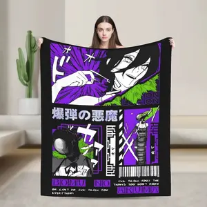 Chainsaw Man Reze Figure Print Flannel Blanket, Super Soft All-Season Throw Blanket for Airplane Travel and Bedroom Use, Figure Print Blanket