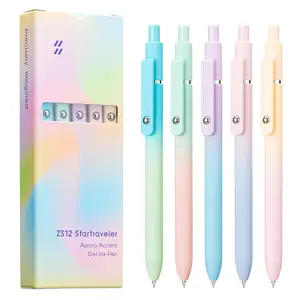 5 Pack Retractable Gel Pens Set, Quick Dry Black Ink Fine Point Soft Touch Roller Ball Gel Ink Pen for Smooth Writing (Aurora Color)