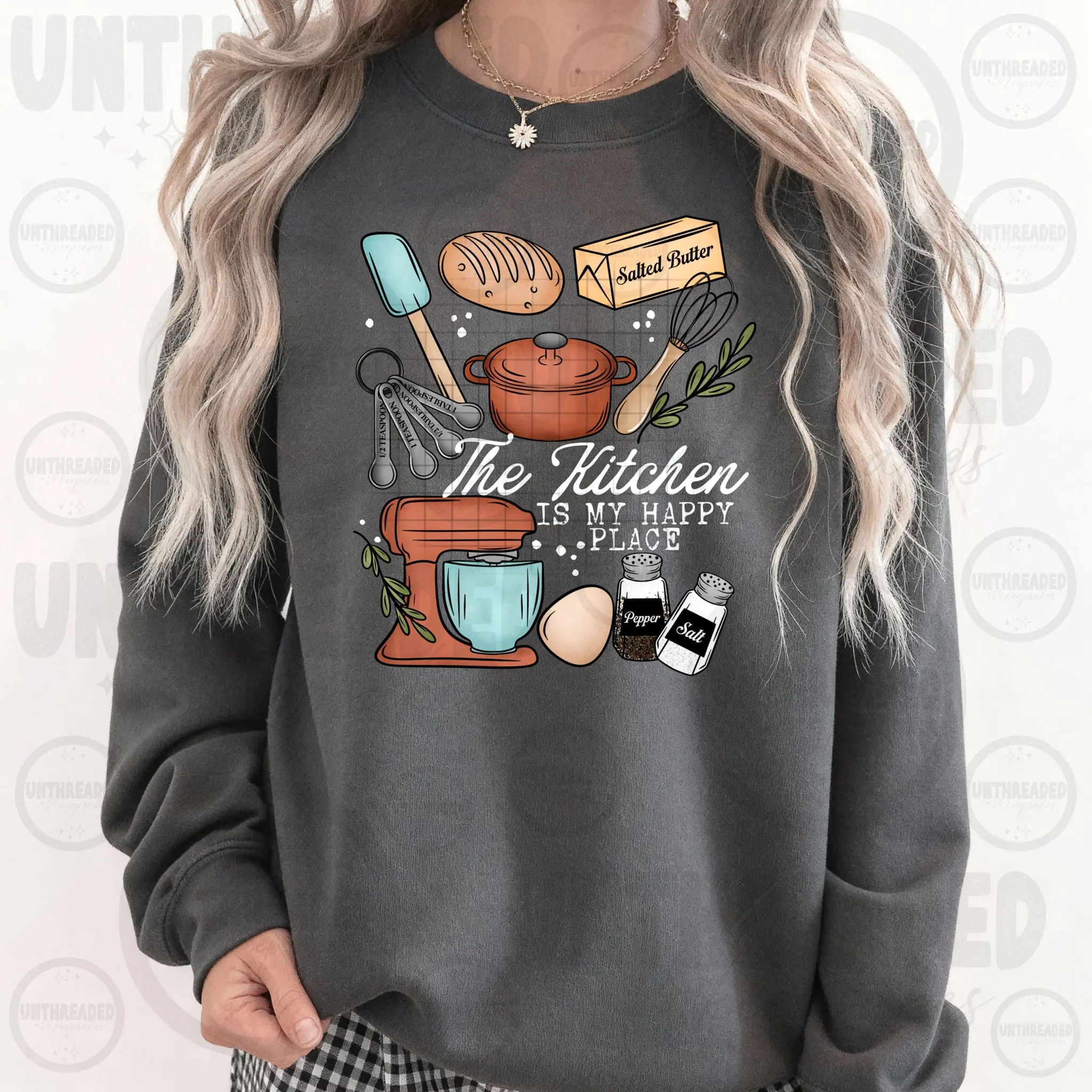 The Kitchen Is My Happy Place Sweatshirt | Baking Lover Crewneck | Cozy Kitchen Graphic Sweatshirt | Baker Gift for Mom | Cooking Lover Pullover | Foodie Sweatshirt 🍞🧈🥣