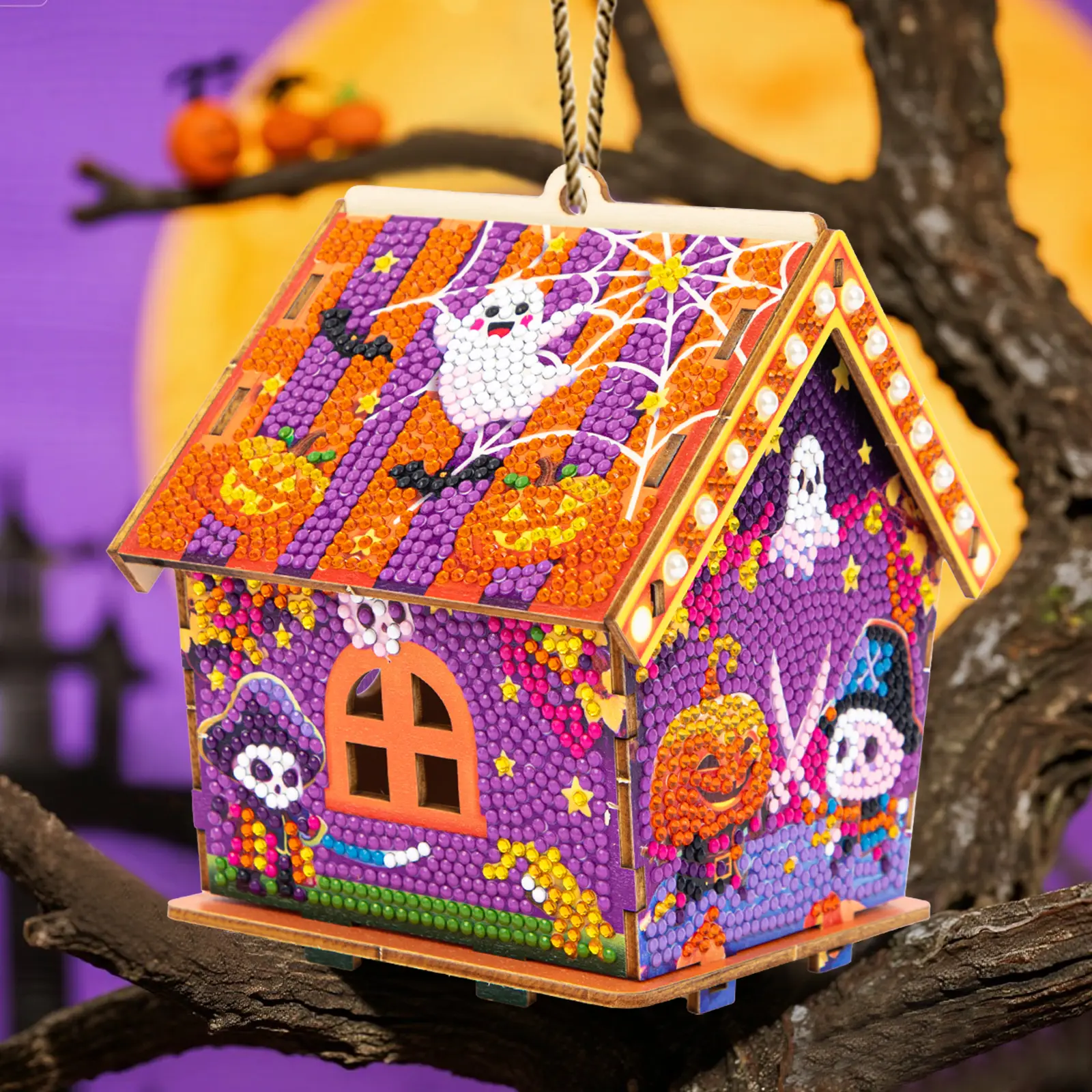 [Buy 1 Get a Free Gift] Halloween DIY Miniature Haunted House Diamond Art Craft Kit, Easy-to-Assemble Diamond Painting Kit, Shiny Crystal Wooden Decor, Spooky Scene Table Centerpiece with Endless Creative Possibilities