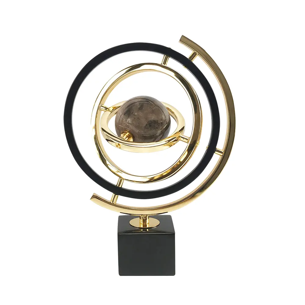 Homary Modern Abstract Geometric Black-Gold Metal Globe Sculpture - Round Metallic Statement Piece with Rectangle Stand, Indoor Home Decor Accent for Living Room Table, No Unexpected Surprises Ideal Gift, Geometric Shape