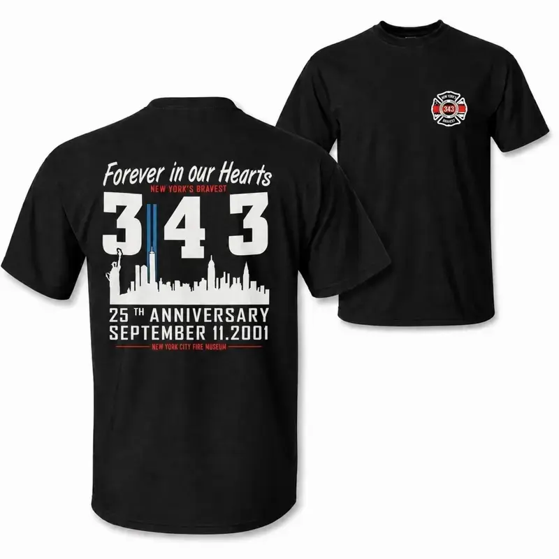 [MADE IN US] Men's 9/11 Memorial 343 T-Shirt - 25th Anniversary 2-Sided Design, New York Skyline Print, Gift for Firefighters and Patriots