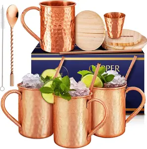 Set Moscow Mule Mugs Set Of 4 16 oz Solid Cooper,  Pure Copper Cups Cylindrical Shape HANDCRAFTED, BONUS 4 Straws, 4  Coasters, Stirring Spoon, And Shot Glass (Square)