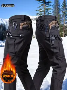 Men's Fleece Lined Work Pants, Soft Shell Velvet Lining, Zipper Pockets, Windproof Thick Warm Workwear, Outdoor Camping Hiking Pants Trouser