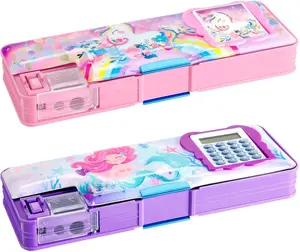 2 Pcs Multifunctional Pencil Box for Girls Plastic Cute Pencil Case with Calculator and Sharpener Pen Pouch Gifts(Unicorn, Mermaid)