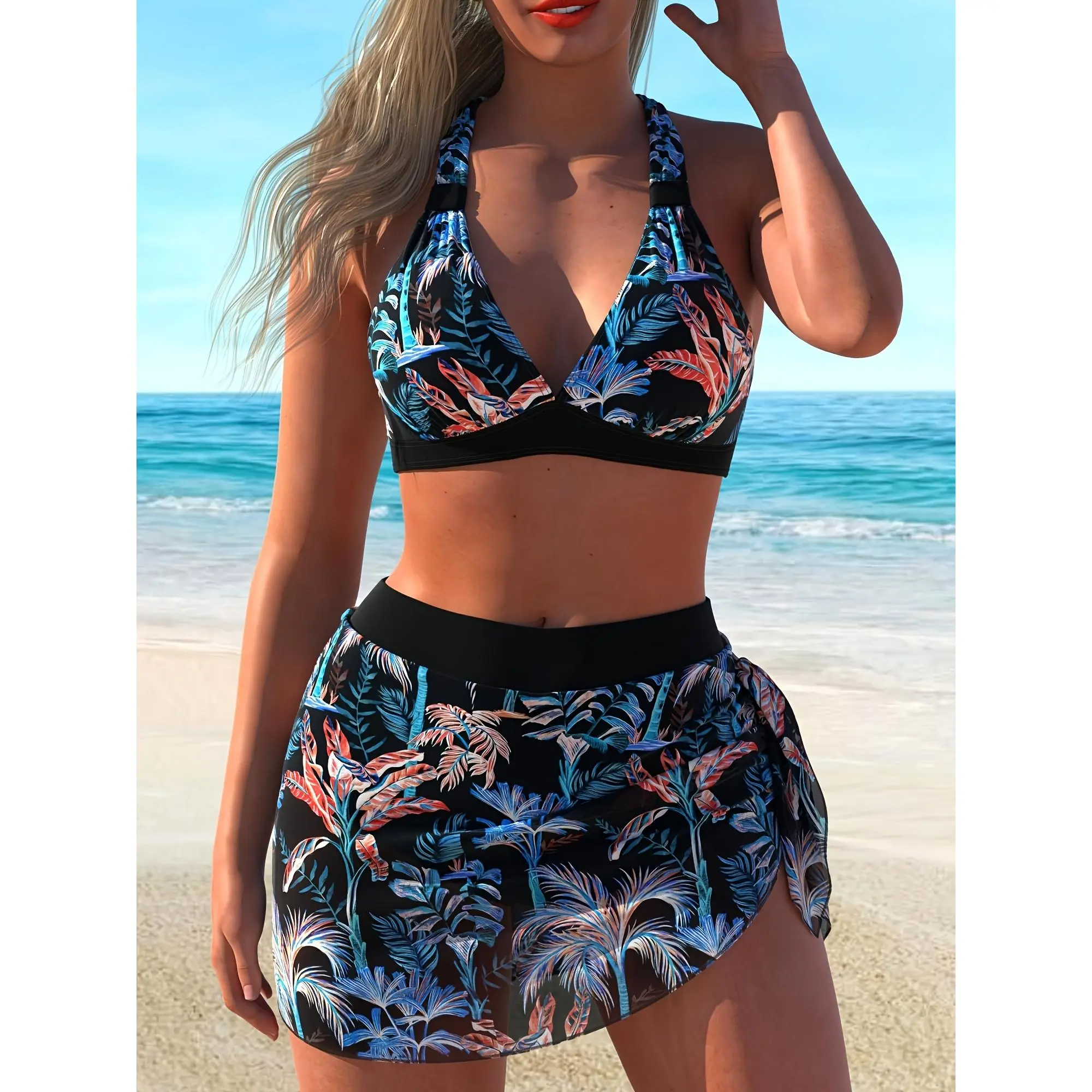 Women's Plus Size Tropical Palm Leaves 3-Pieces Halter Bikinis Set - Tummy Control Bathing Suit Outfits with Sheer Mesh Skirt, Swimsuits Set for Beach Wear Enthusiasts
