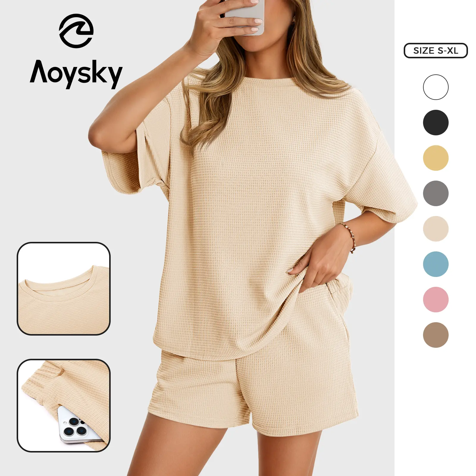 Aoysky Women's Basic 2-Piece Waffle Knit Matching Lounge Set - Round/Crew Neck Short Sleeve Shirt, Loose-Fit Cartoon Clothes, Casual Summer Sets for Women 2 Piece