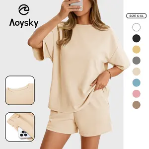Aoysky Womens Waffle Knit 2 Piece Outfits Casual Short Sleeve Shirts and Shorts Sets Loose Fit Summer Outfits