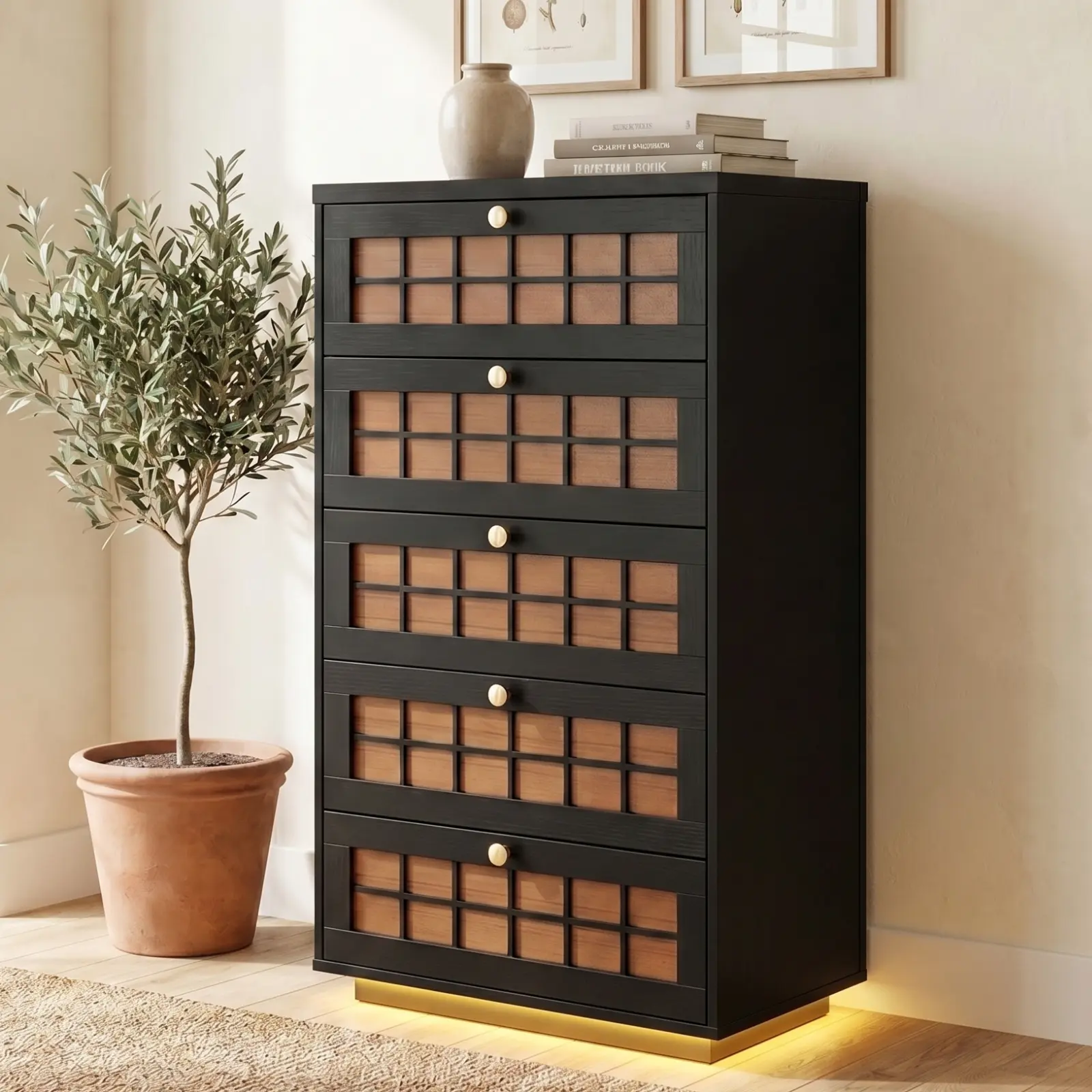 Loomie 5-Drawer Tall Dresser with Floating Design, Charging Station, LED Lights, Brown Plaid Fronts, Gold Metal Knobs, Living Room Bedroom Storage Organizer, Assembly Required