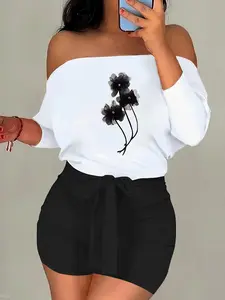 Two-Piece Set Women's Colorblock Floral One Shoulder Tie Front Crop Top & Short Skinny Pants, Casual Fashion Cozy Top & Trousers for Daily Outdoor Wear, Ladies Clothes for All Seasons, Suits, Fall outfit, Casual Shorts Set, Womenswear