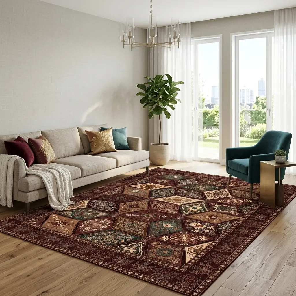 XEXSIN Vintage Diamond Patchwork Area Rug, Distressed Oriental Floral Printed Non‑Slip Low‑Pile Carpet, Bohemian Retro Decor Rug for Living Room Bedroom Dining Room, 3 Colors Optional