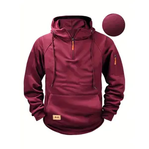 Men's Plain Half Zip Drop Shoulder Essentials Hoodie, Regular Fit Casual Long Sleeve Hooded Sweatshirt for Fall & Winter, Men's Clothes for Daily Wear