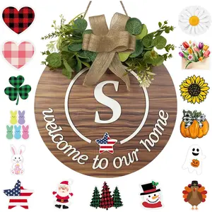 Interchangeable Seasonal Monogram Letter S Welcome Sign Front Door Decor Wooden Wreaths for Front Door Wreath Rustic Initial House Warming Porch Wall  Decorations for  Seasons