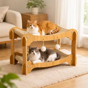 Two-Tier Cat Hammock with Natural Sisal Scratcher Mat, Elevated Wooden Cat Bed with Interactive Pom-Pom Toys, Wear-Resistant for Resting, Scratching & Playing