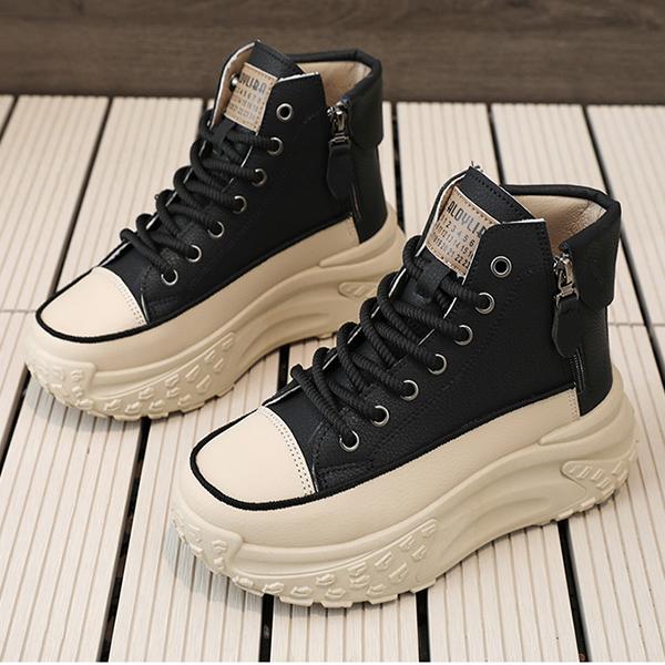Women's height increasing high top Athletic - thick soled lace up sneakers, EVA/rubber sole, round toe and minimalist design | Four season casual street shoes with arch support | Solid color design, thick and comfortable and stable height increase