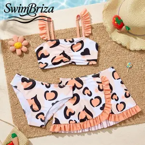 Briza｜Girls Ruffle Strap Three-Piece Bikini Set White Peach Heart Leopard Print Skirted Bottom Bathing Suit Kids Swimwear Beach Vacation Summer Pool Swimsuits, Girls Swimwear, Kids Bathing Suit, Two Piece Bathing Suit, Skirted Swimsuit