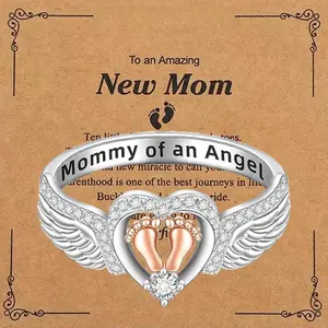 Engraved "Mommy of Angel" Mothers Ring for Women - Perfect Birthday & Christmas Jewelry Gift for Mum - Heart & Wings Design