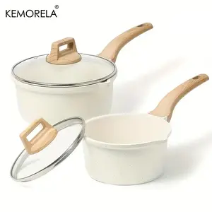 1Count Non-Stick Saucepan Set with Lid - Induction Compatible, PFOA-Free, Easy to Clean, Pour Spout, Light Beige with Wooden Handles, Ideal for Small Kitchen Cooking, Kitchen Essentials|Minimalist Kitchenware|Durable Cookware, Induction Cookware Sets