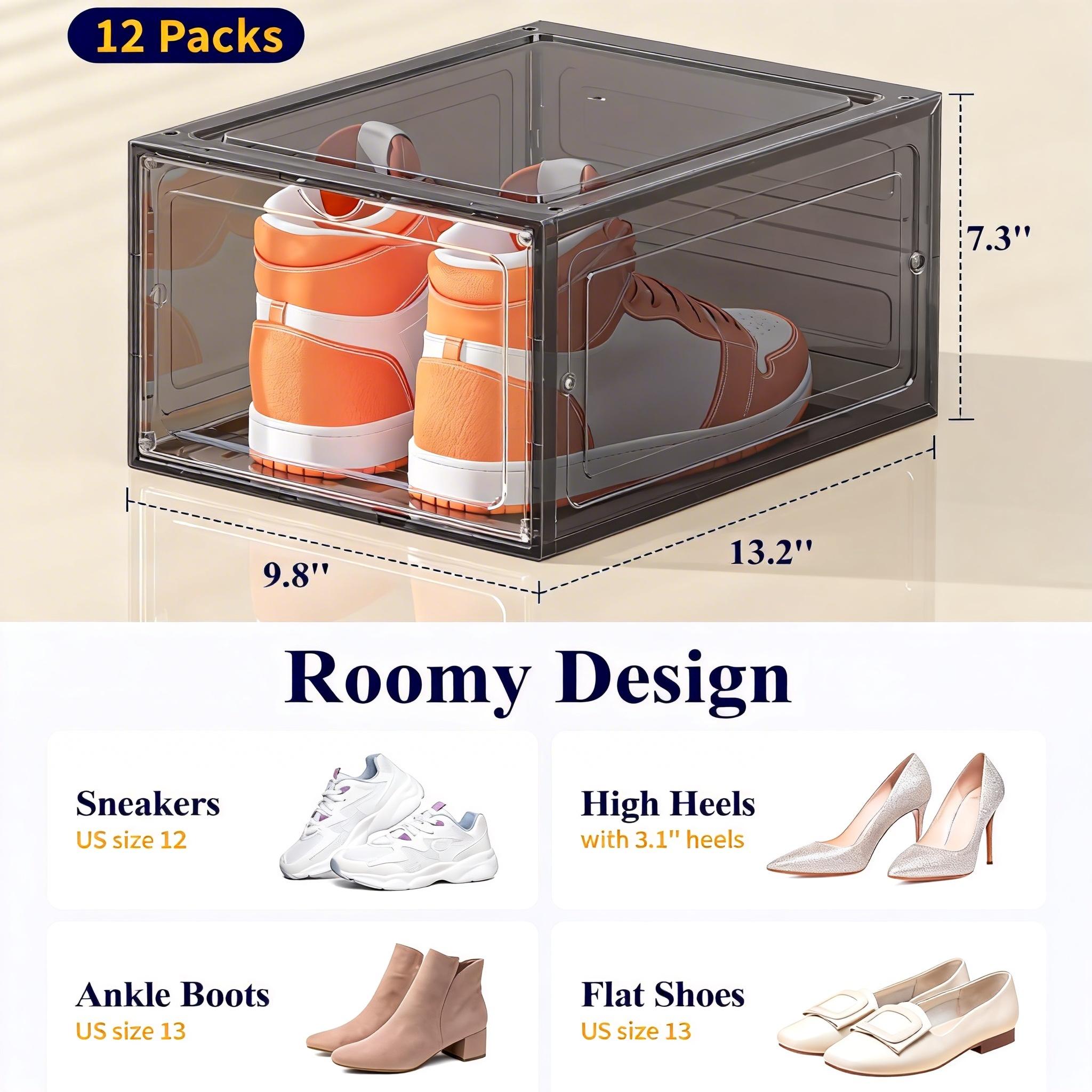 12 Pack Clear Black Shoe Storage Boxes, Stackable Plastic Shoe Organizer with Drop Front Door, Transparent Sneaker Storage Cases for Closet, Space Saving Shoe Containers for Men and Women, Foldable Shoe Box Organizer for Home