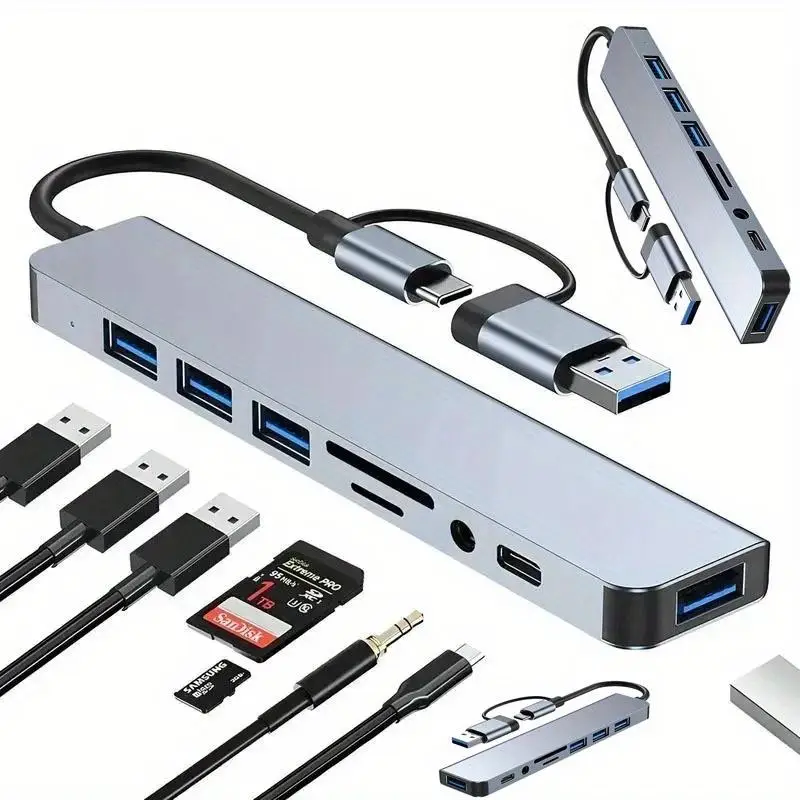 8-Port USB C HUB, USB 3.0/2.0/Micro SD/TF Card Reader, Multiport USB HUB Card Readers Adapter, Multifunctional Adapter for PC, Laptop, MacBook Pro, iM