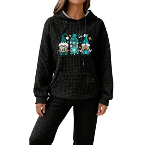Women Casual Waffle Hoodies Christmas Graphic Hoodie Waffle Knitted Fabric Top with Pockets,Loose Hooded Sweatshirts for women