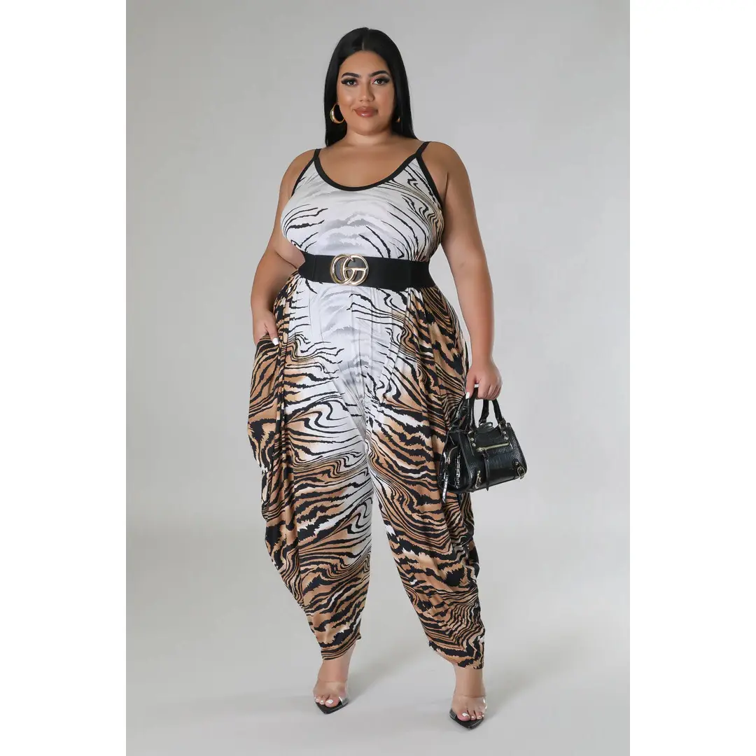 Plus + Curve Tiger Print Pocketed Brown/White Jumpsuit