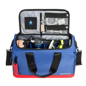 PREMIUM Sneaker Bag, Duffel Bag, Gym Training Bag, Travel Bag, Basketball Bag, Footbal Bag with 3 adjustable compartment dividers (Blue/Red))