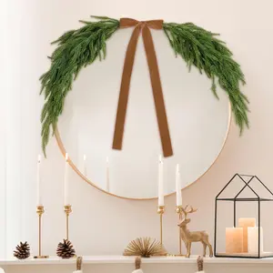 2.6ft Christmas Mirror Garland Artificial Norfolk Pine Swag for Mirror with Velvet Bow Faux Greenery Garlands Christmas Wreath for Xmas Home Door Mailbox Indoor Fireplace Decor(Light Brown)