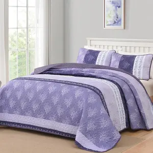 Boho Quilt Set  Size Purple Bohemian Striped Bedspread Coverlet, Floral Lilac Purple Patchwork Stripe 3 count Lightweight Microfiber Reversible Quilt Bedding Set, 110''x90''