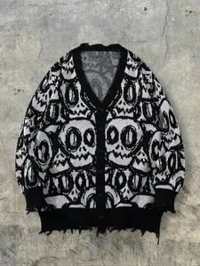 Unisex Street Style Skull Print Cardigan Knitwear, Casual Loose-Fitting Long Sleeve V Neck Button Front Sweater, Ideal Halloween Gift for Couples, Everyday Knitting